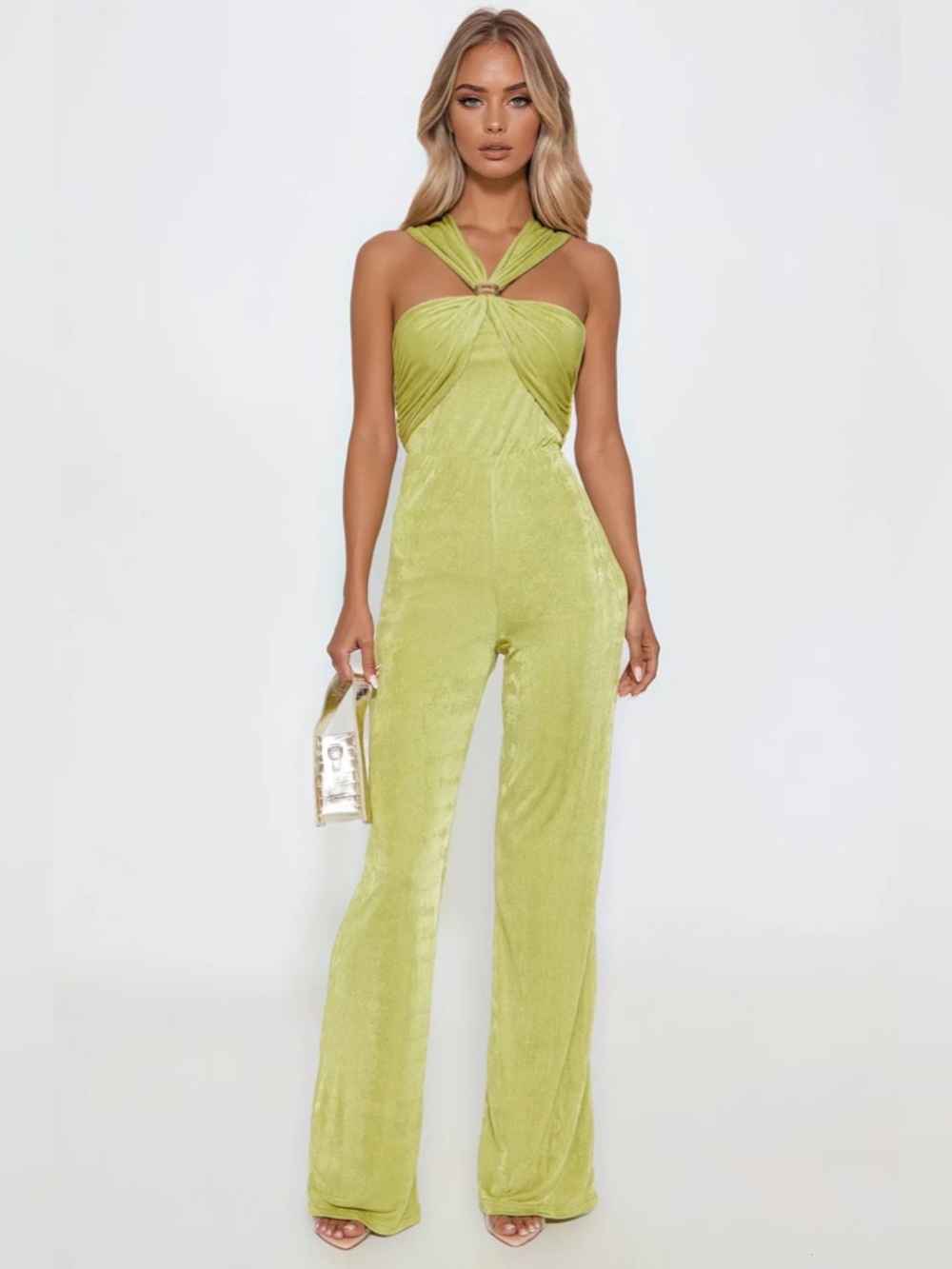 Fashion Nova Twist-Halter Wide-Leg Jumpsuit in Lime